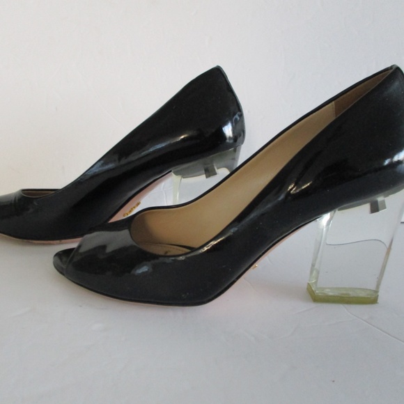 PRADA SHOES PUMP CLEAR HEELS PATENT BLACK COLOR SIZE 36 MADE IN ITALY USED COND. - Picture 3 of 16
